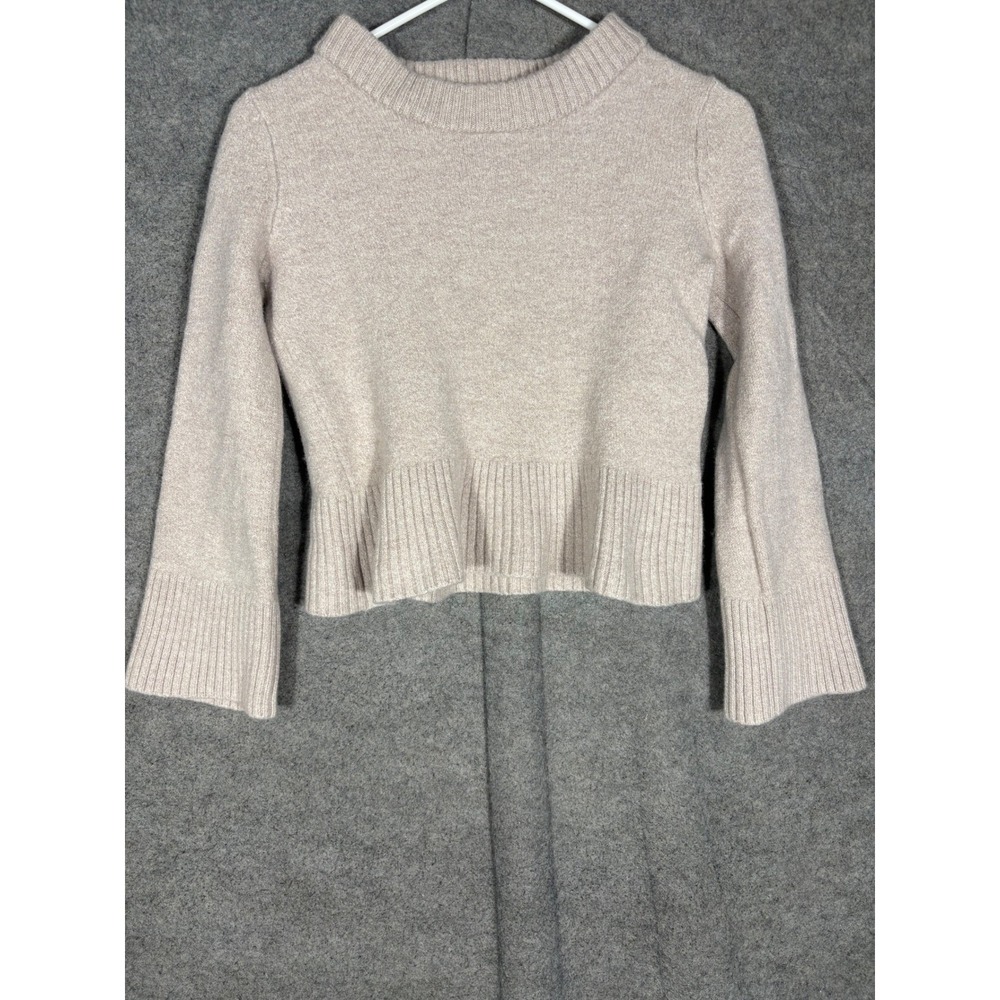 Halston Womens Extra Fine Merino Wool Mock Neck Peplum Sweater Beige Large